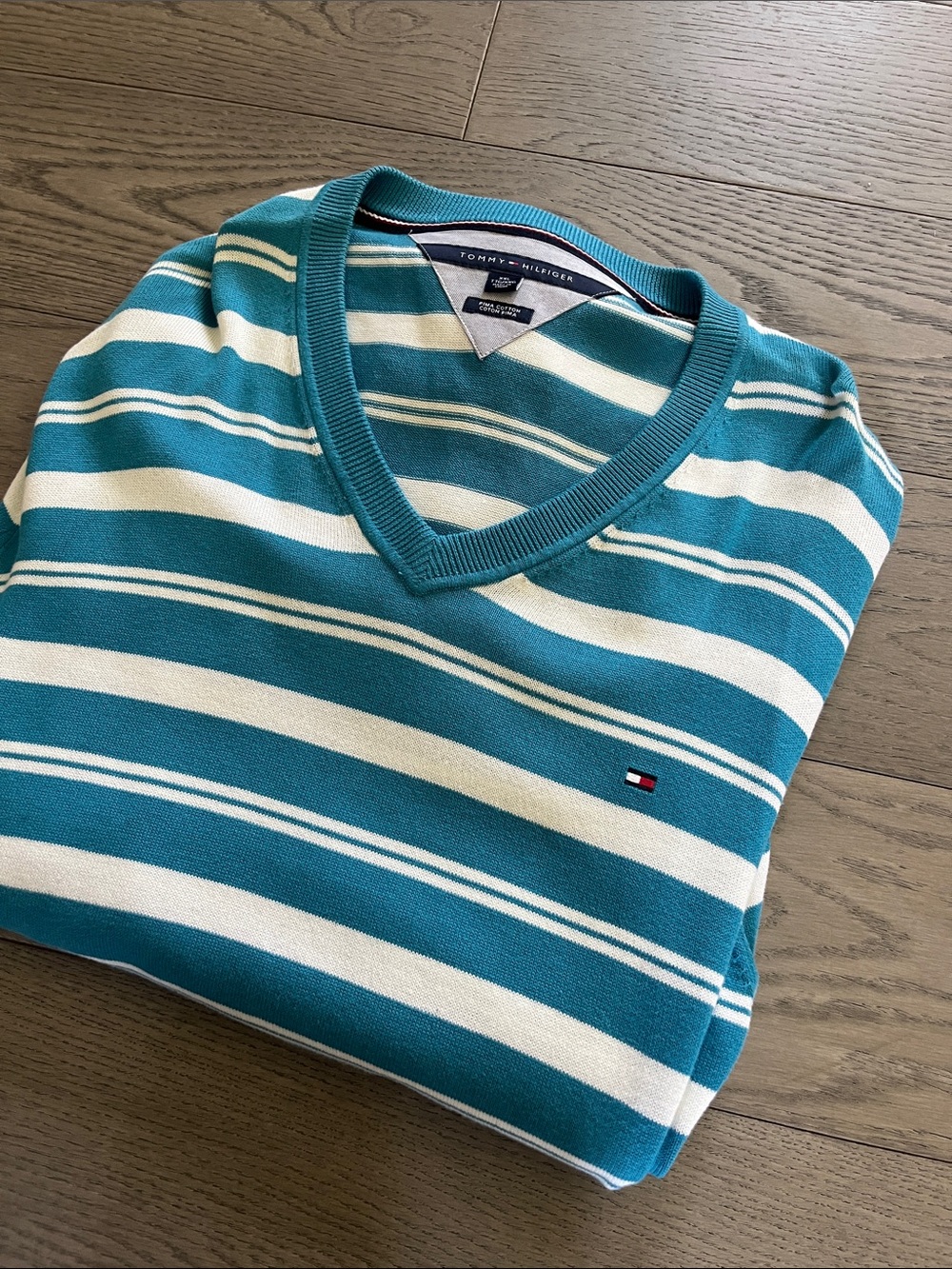 Tommy Hilfiger Teal & White Striped V-Neck Sweater